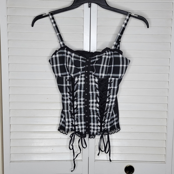 Royal Bones Tripp NYC Black/White Plaid Lace Up Corset Top XS EUC HOT TOPIC GOTH - Picture 2 of 14